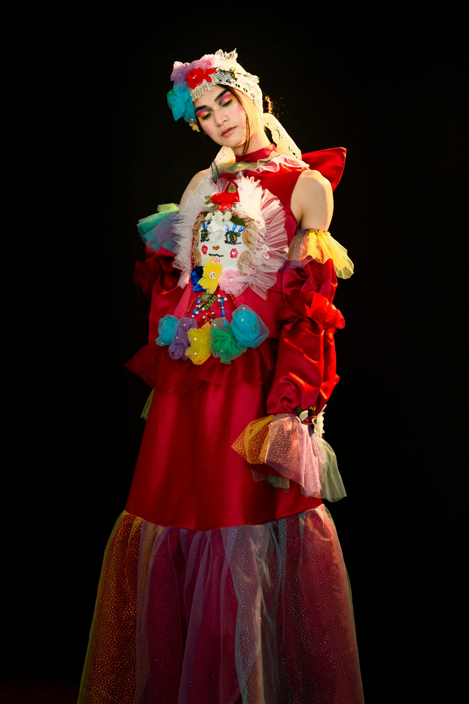 a woman in a colorful dress posing for a picture, inspired by Bernd Fasching, neo-dada, cutecore clowncore, 155 cm tall, photograph taken in 2 0 2 0, amano yoshitaka