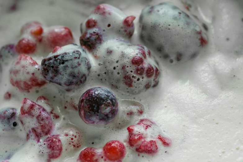 a close up of a bowl of yogurt with berries, by Doug Ohlson, process art, submerged in cranberries, grey, froz, rubies