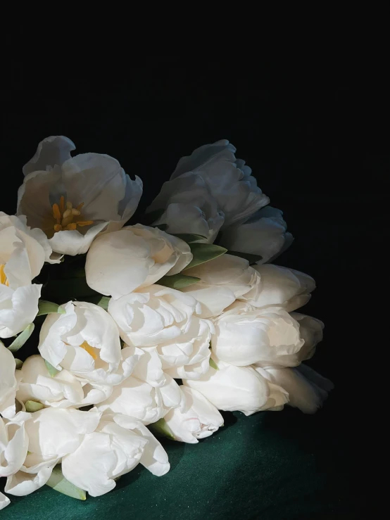 a bunch of white flowers on a green surface, a still life, inspired by Robert Mapplethorpe, trending on unsplash, against a deep black background, tulips, many peonies, medium format. soft light