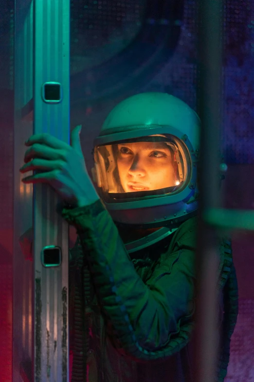 a man in a space suit leaning against a pole, imogen poots, looking out into space, sydney sweeney, glow