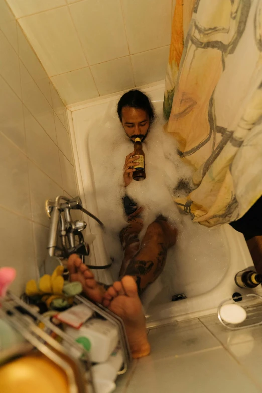 a woman sitting in a bathtub with smoke coming out of her mouth, reddit, beer being drank and spilled, david choe, high quality photo, cramped new york apartment