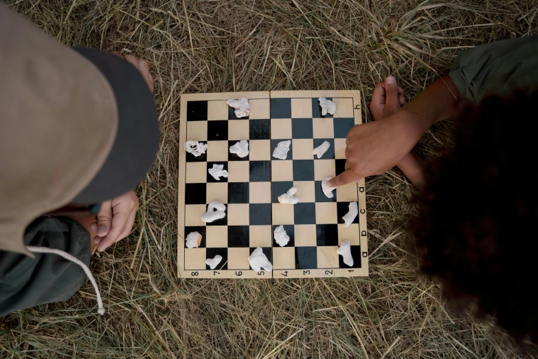 a couple of people that are playing a game of chess, by Jessie Algie, corn chess board game, wilderness, victoria siemer, kids playing