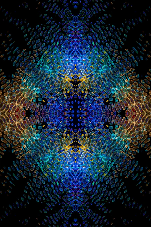 a blue and yellow pattern on a black background, an album cover, by Daniel Chodowiecki, flickr, generative art, neri oxman, highly detailed symmetry, water particules, highly intricate in technicolor