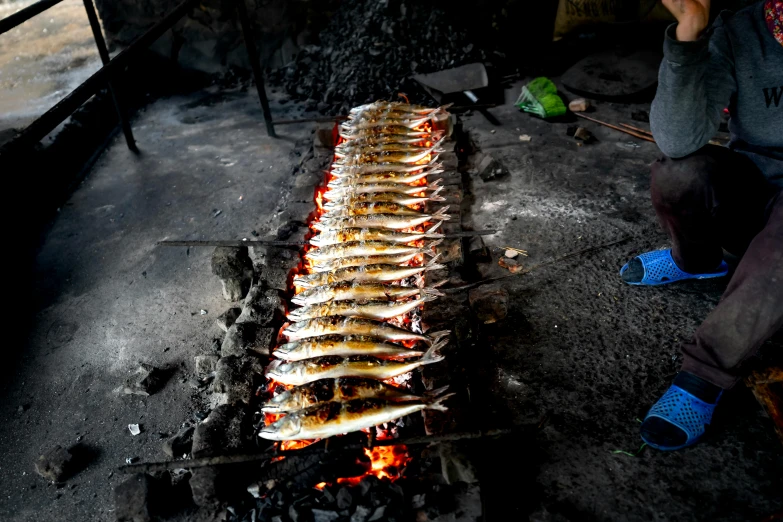 a man sitting in front of a grill filled with fish, by Basuki Abdullah, unsplash, hurufiyya, in a row, surrounded with fire, school class, calcutta