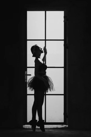 a woman in a tutu standing in front of a window, inspired by Lillian Bassman, unsplash, doorway, dawn cgsociety, (beautiful) girl, siluettes