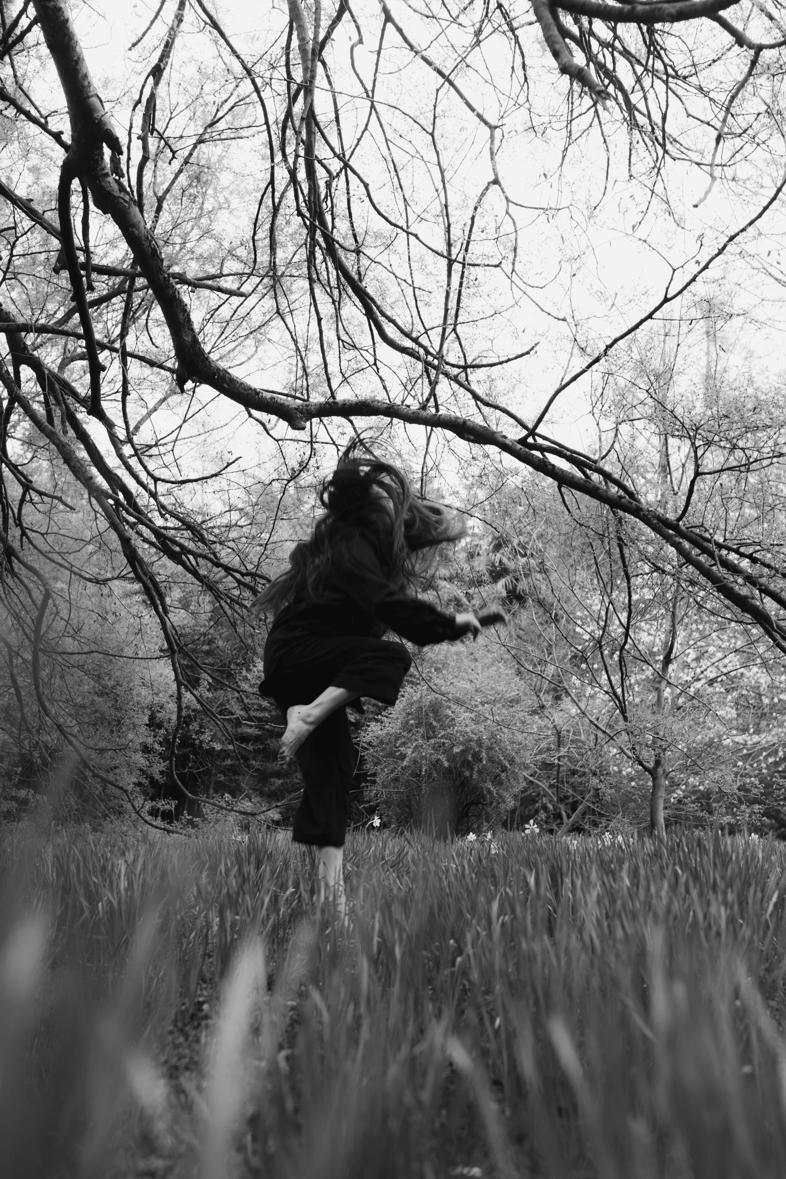 a black and white photo of a person jumping in the air, inspired by Kati Horna, lion in a meadow with hornbeam, crystal castles, witchcore, during spring