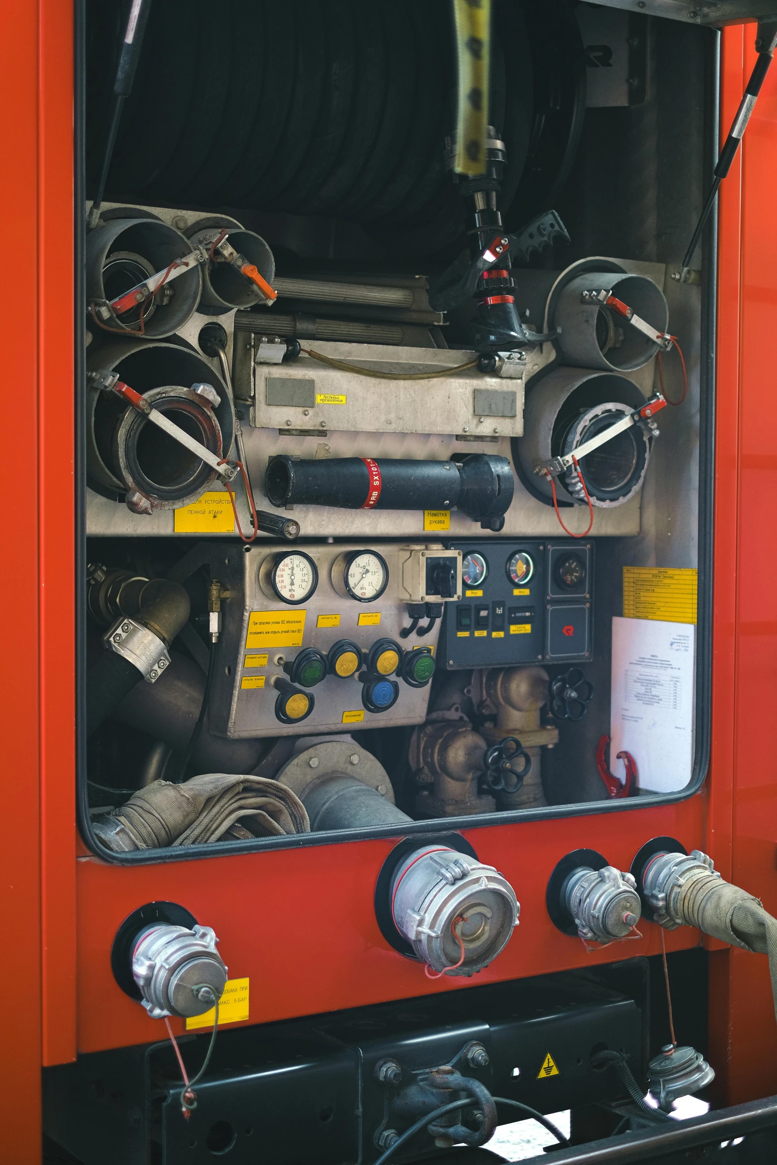 a close up of a fire truck with the door open, by Emanuel Witz, tubes and gauges, diagnostics, square, multi-part