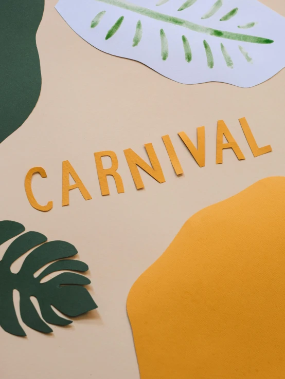 a close up of a sign that says carnival, by Julia Pishtar, cardstock, monstera, high angle close up shot, thumbnail