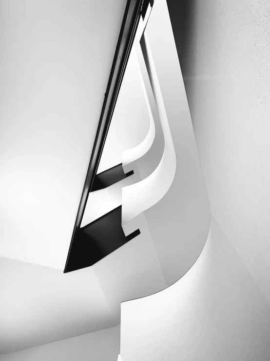 a black and white photo of a spiral staircase, an abstract sculpture, inspired by Ned M. Seidler, light and space, standing lamp luxury, digital art - n 5, glossy white metal, side lights