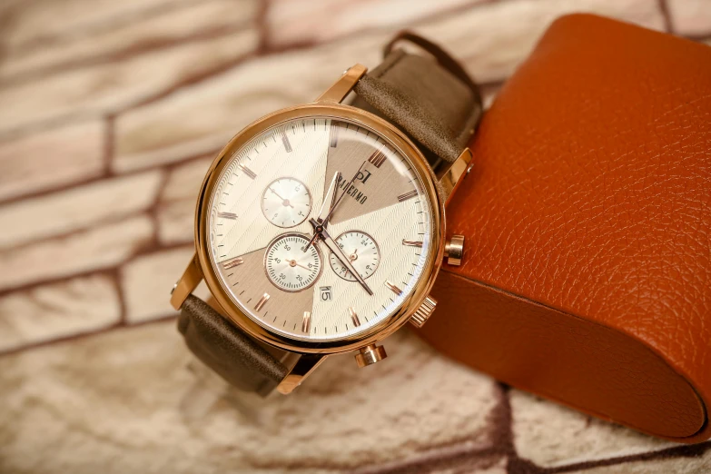 a watch sitting on top of a brown case, a portrait, : 5 stylish, ivory and copper, hyper detailed background, student