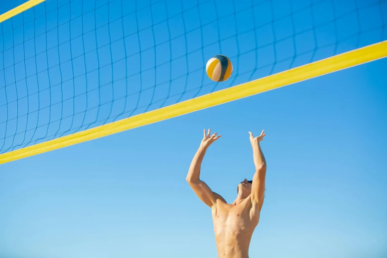 a man reaching up to hit a volleyball ball, an album cover, unsplash contest winner, arabesque, speedo, on a hot australian day, netting, profile image