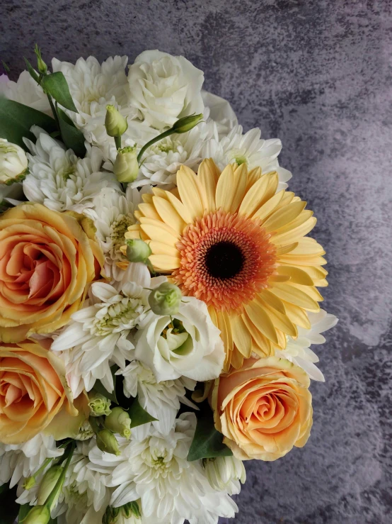 a bouquet of flowers sitting on top of a table, up-close, up close, orange and white color scheme, zoomed out view