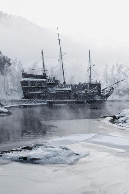 a black and white photo of a boat in the water, a detailed matte painting, inspired by Konstantin Vasilyev, wintry rumpelstiltskin, rendered in cryengine, rich moody cold colours, pirate clothing