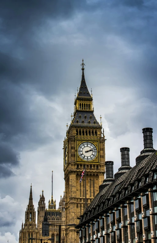 the big ben clock tower towering over the city of london, by IAN SPRIGGS, ominous clouds, square, today\'s featured photograph 4k, low angle photograph