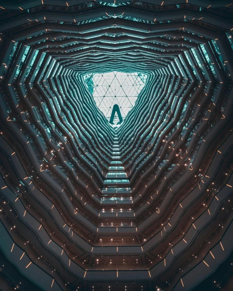 a man standing in the middle of a tunnel, an album cover, by Beeple, unsplash contest winner, light and space, honeycomb halls, teal lights, parametric architecture, ( symmetrical )