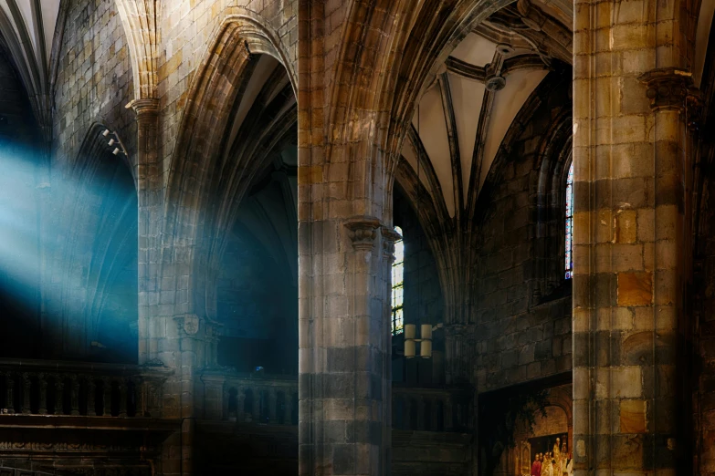 a group of people standing inside of a cathedral, a detailed matte painting, inspired by Charles Gleyre, unsplash contest winner, lights and smoke, edinburgh, panels, unreal engine 5 »