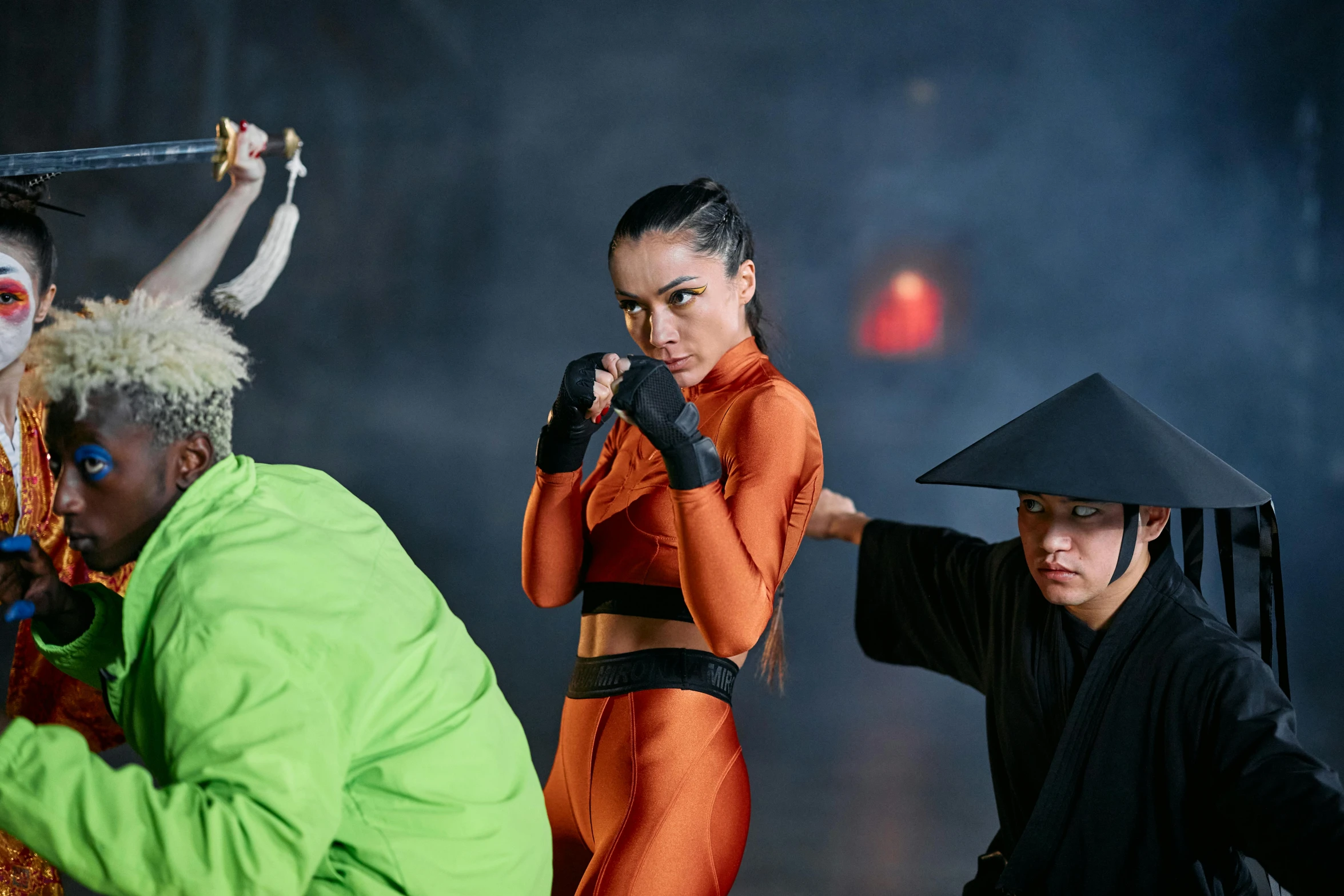 a group of people dressed up in costumes, inspired by Ma Quan, trending on pexels, antipodeans, kim possible, 3 actors on stage, in a fighting pose, on set