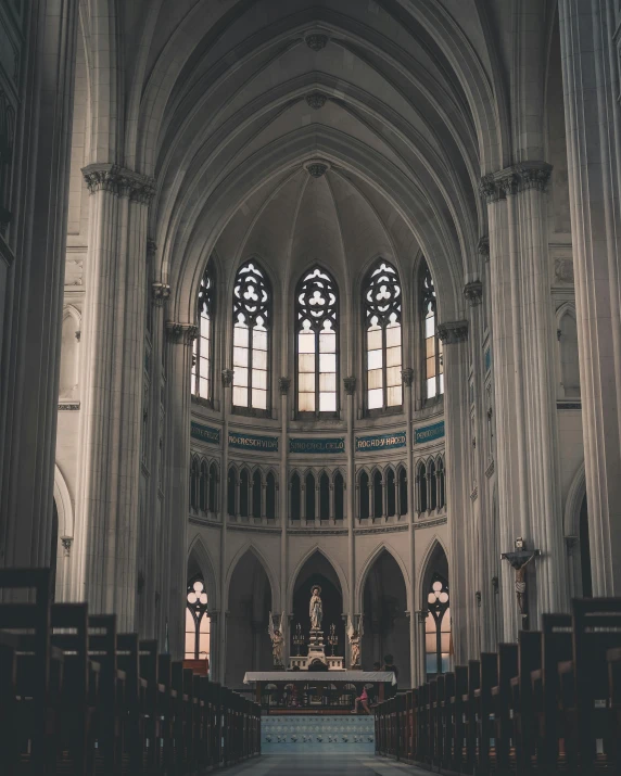 the interior of a church with pews and stained glass windows, unsplash contest winner, behind her a gothic cathedral, grey, gif, interior of a marble dome