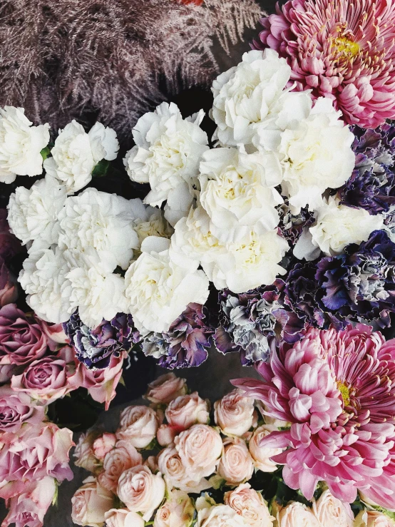 a bunch of flowers sitting on top of a table, a picture, by Sara Saftleven, trending on unsplash, white and purple, insanely intricate details, tufted softly, botanical rainbow backdrop