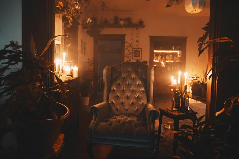 a chair sitting in the middle of a living room, inspired by Elsa Bleda, unsplash contest winner, australian tonalism, in a potion shoppe, cozy candlelight, gothic interior, cottagecore