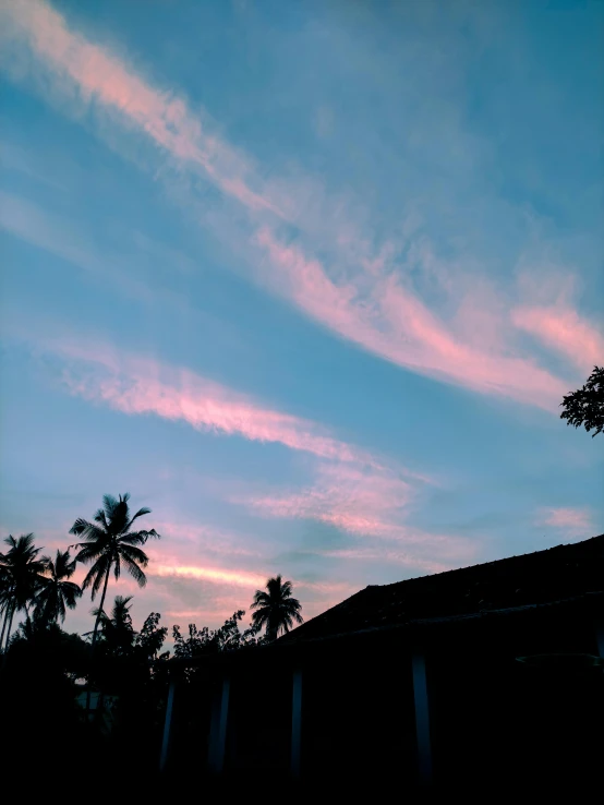 a very pretty sky with some very pretty clouds, by Max Dauthendey, coconut trees, ☁🌪🌙👩🏾, watching the sunset, shades of pink and blue