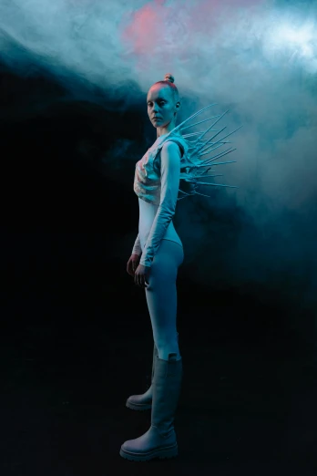 a woman that is standing in the dark, an album cover, inspired by David LaChapelle, neo-figurative, off-white plated armor, high quality photo, hyperspace creature, volumetric moody lighting