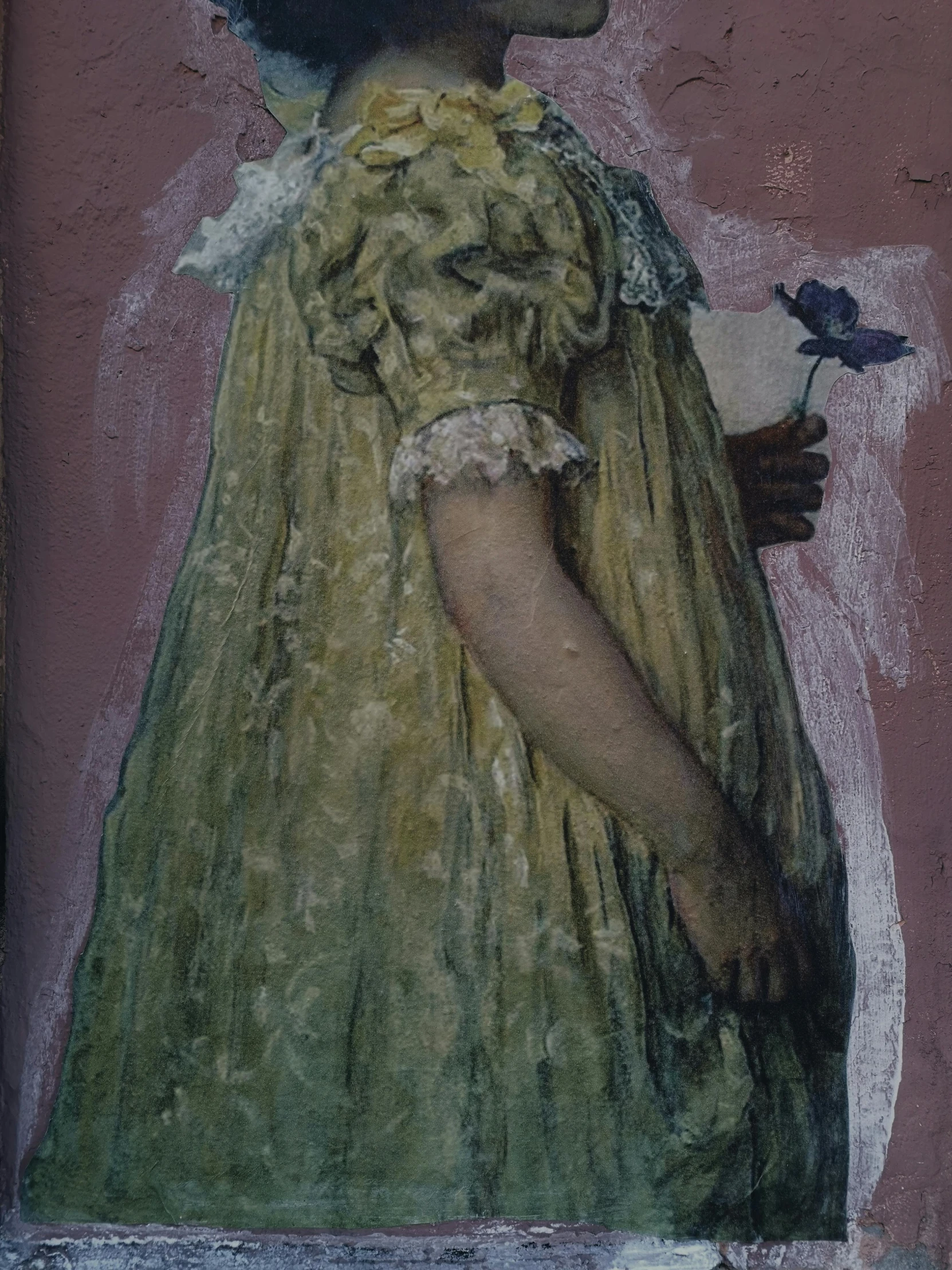 a painting of a woman holding a flower, a painting, inspired by Jean-Étienne Liotard, pre-raphaelitism, henry darger, david hamilton, half-woman half-butterfly, lime and violet