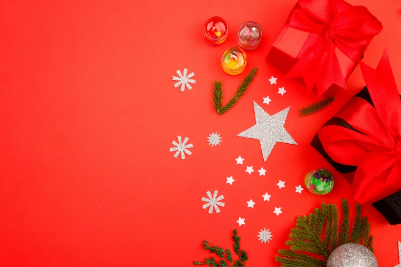 christmas decorations on a red background with space for text, by Julia Pishtar, pexels contest winner, star born, background image, complementary colour, profile picture