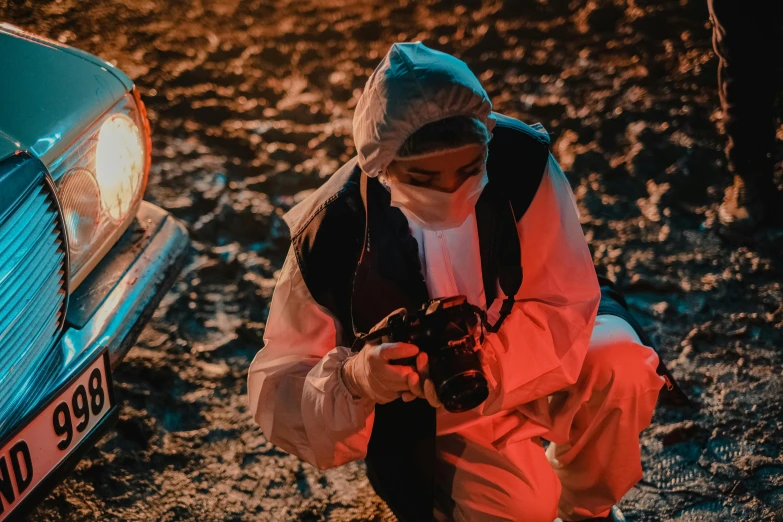 a person kneeling down with a camera in front of a car, terror glow, detective clothes, microscopy, best photography of 2 0 2 1