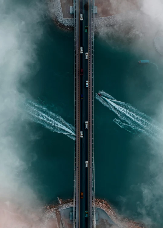 a couple of boats that are in the water, poster art, by Ibrahim Kodra, pexels contest winner, conceptual art, highway, contrails, full frame image, trending on 500px