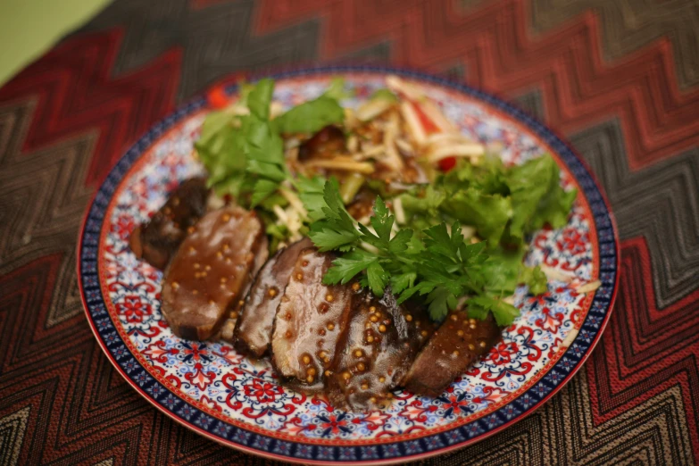 a close up of a plate of food on a table, mansik yang, profile image, paisley, duck