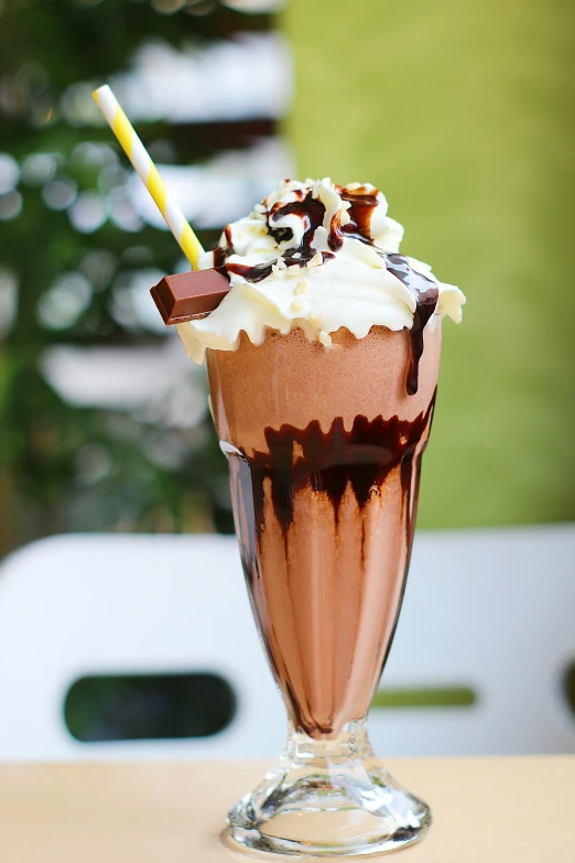 a chocolate milkshake sitting on top of a table, chocolate river, profile image