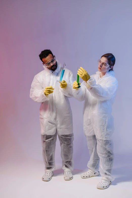 a couple of people standing next to each other, a colorized photo, pexels contest winner, analytical art, chemical substances, white gloves, product shoot, 🚀🌈🤩