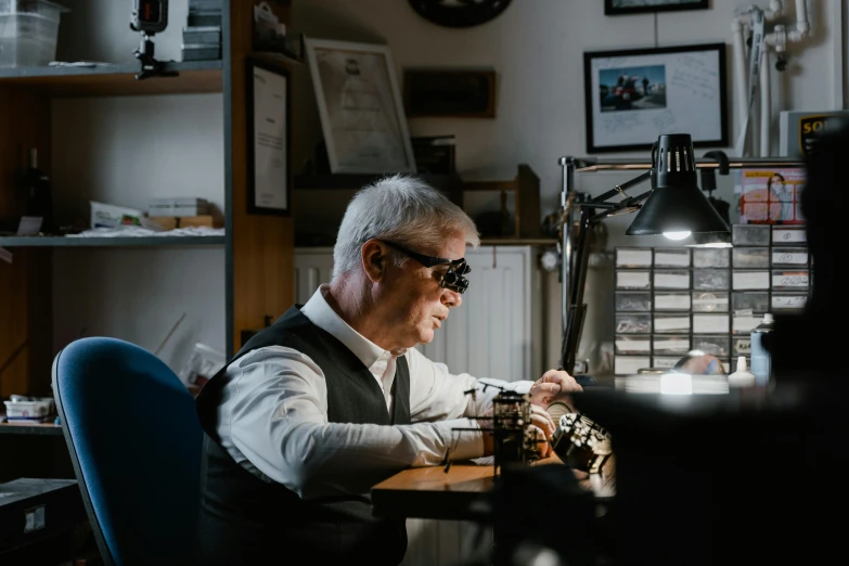 a man sitting at a desk in front of a computer, by László Balogh, pexels contest winner, photorealism, silver jewellery, professional gunsmithing, implanted sunglasses, back lit