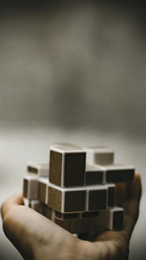 a person holding a cube in their hand, inspired by Oskar Schlemmer, unsplash, brown and white color scheme, magnetic, toy photo, unblur