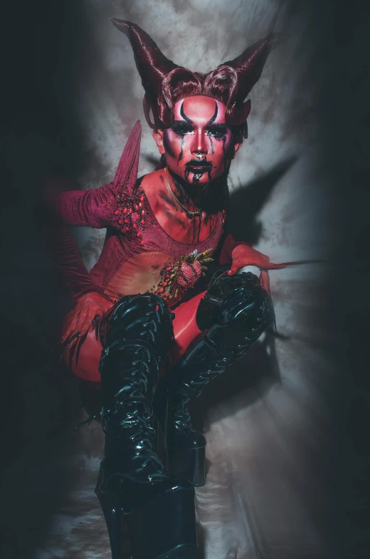 a devil sitting on top of a pair of boots, an album cover, inspired by James Bolivar Manson, transgressive art, drag queen, warrior face painting red, 2019 trending photo, mignogna