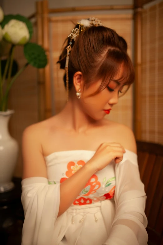 a woman in a white dress sitting next to a vase of flowers, an album cover, inspired by Tan Ting-pho, shin hanga, yukata clothing, sexy :8, candid shot, square