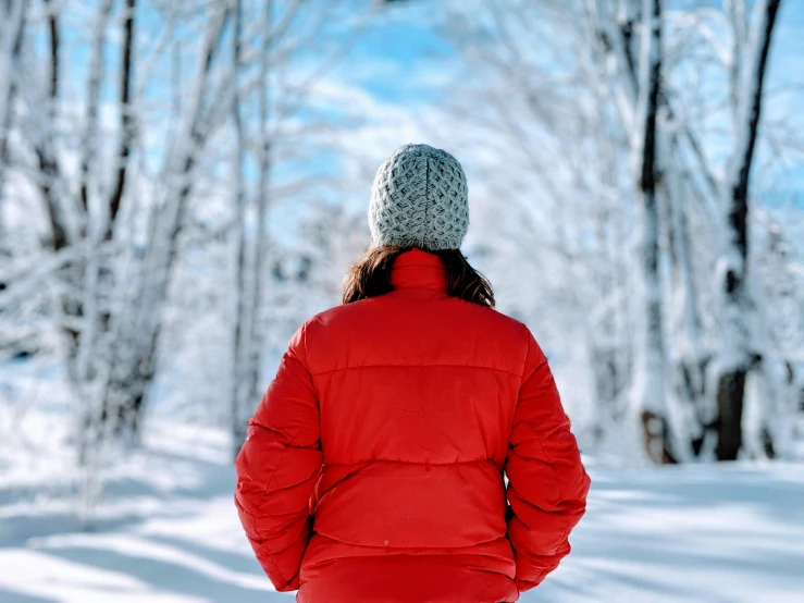 a woman in a red jacket standing in the snow, pexels contest winner, back of head, wearing beanie, desktop background, background image