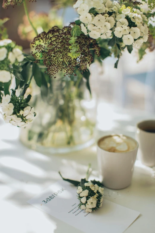 a vase filled with flowers next to a cup of coffee, light greens and whites, afternoon hangout, two cups of coffee, on a white table