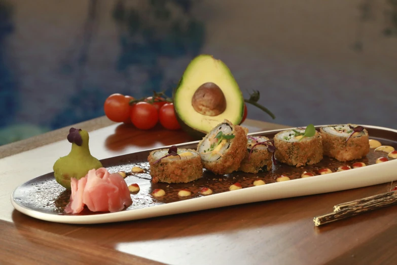 a close up of a plate of food on a table, lush paradise, fuji choko, profile image, stuffed