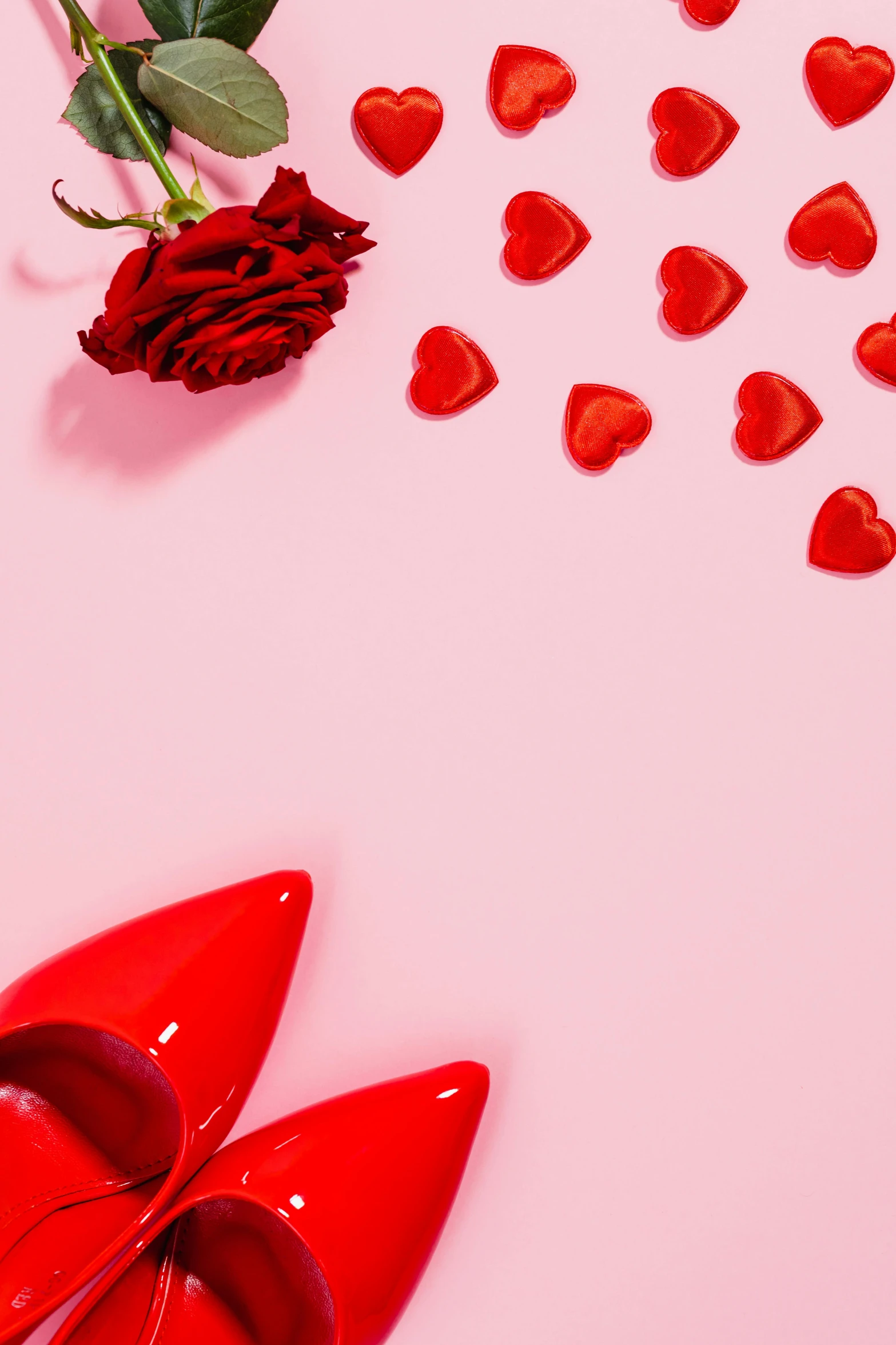 red shoes and a rose on a pink background, by Julia Pishtar, trending on pexels, red hearts, rubber and latex, full product shot, 15081959 21121991 01012000 4k