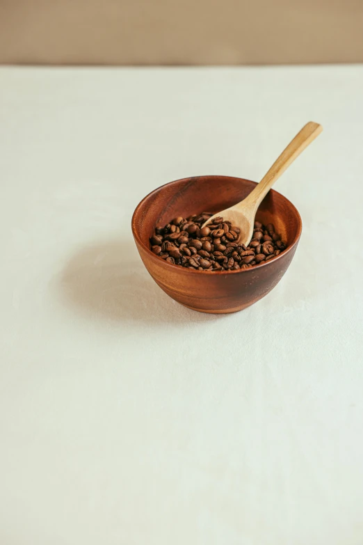 a bowl of coffee beans with a wooden spoon, medium, curated collection, f / 2 0, big island