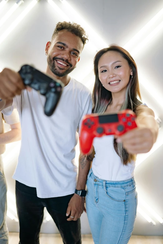 a group of people standing next to each other holding video game controllers, pexels contest winner, happening, flirting, mix of ethnicities and genders, instagram post, ps 4