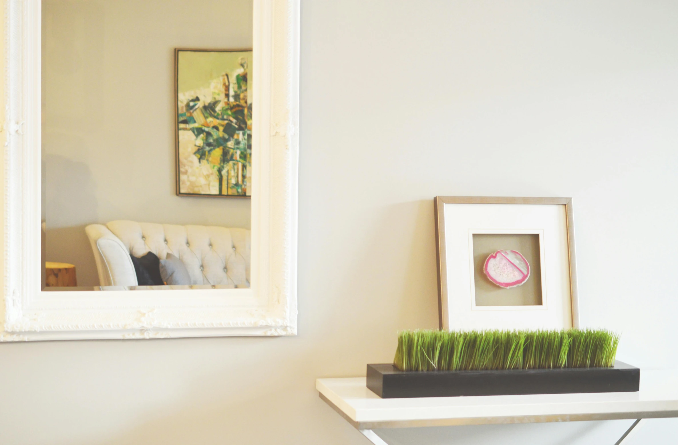 a white table topped with a potted plant next to a mirror, visual art, background image