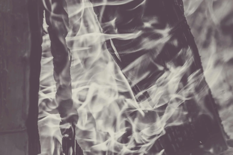 a black and white photo of a fire, inspired by Elsa Bleda, unsplash, visual art, wood print, psychedelic smoke background, sepia photography, limbs