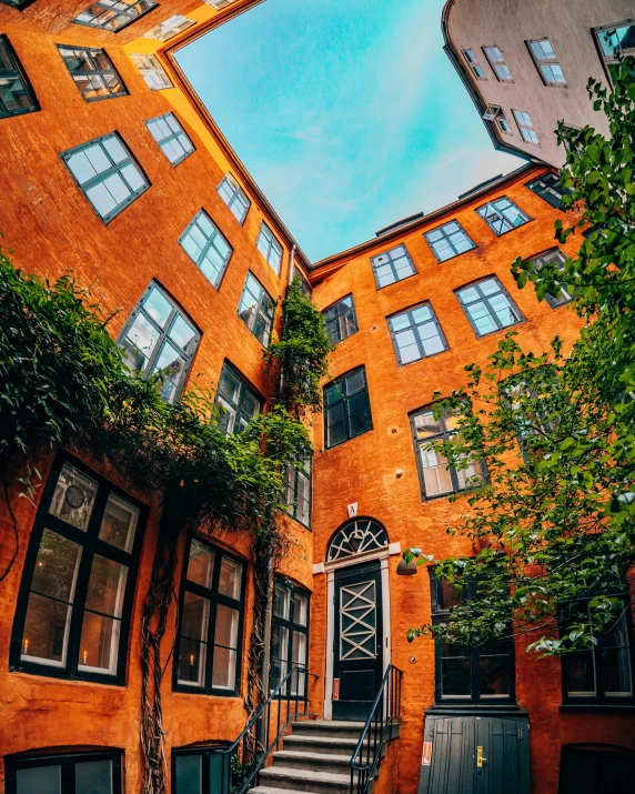 a very tall building with a bunch of windows, by Tom Wänerstrand, pexels contest winner, neoclassicism, timbered house with bricks, walls are covered with vines, orange and black tones, school courtyard