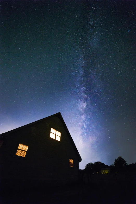 a house with the milky in the background, by Robert Storm Petersen, pexels contest winner, light and space, new hampshire, wide angle”, 4k)