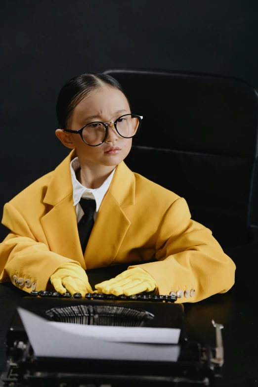 a woman in a yellow coat is typing on a typewriter, an album cover, inspired by Min Zhen, trending on pexels, neo-dada, little kid, wearing a strict business suit, bella poarch, parody work