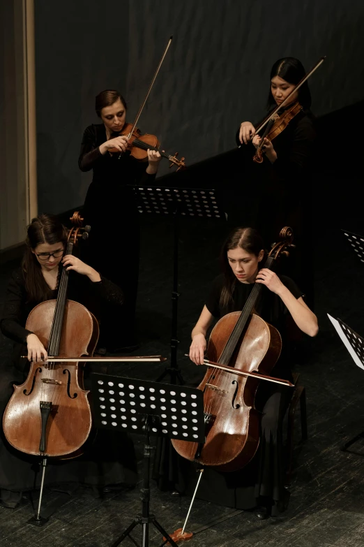 a group of people playing musical instruments in a room, against a deep black background, cello, very symmetrical, split near the left