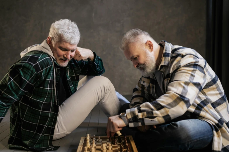 two older men playing a game of chess, a portrait, pexels contest winner, silver hair and beard, avatar image, maintenance, ad image